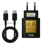 Carregador 25w preto com cabo USB-C, selo Anatel e garantia de 3 anos.