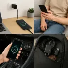 Carregador Super Rápido preto 25W e cabo USB-C com celular carregando.