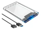 Case para HD transparente com placa azul e cabos USB pretos