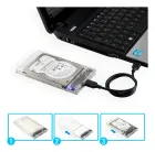 Case para HD Slim transparente com HD interno conectado a notebook, mostrando passos de montagem.