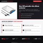 Infográfico editorial Achadinho: case transparente para HD ou SSD SATA de 2,5 polegadas, com tampa deslizante e cabo USB 3.0, transformando disco interno em drive externo alimentado pela própria porta.