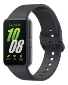 Galaxy Fit3 azul, smartwatch com tela retangular preta e pulseira cinza escura.
