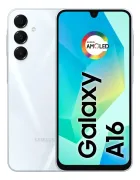 Celular Samsung Galaxy A16 branco, com três câmeras e tela exibindo 'Galaxy A16'.