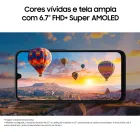 Celular Samsung Galaxy A16 preto com tela exibindo balões coloridos e pôr do sol