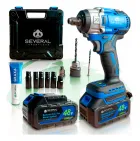 Chave de impacto azul com duas baterias, estojo preto, brocas, soquetes e graxa.