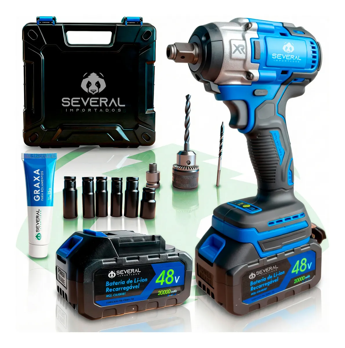 Chave de impacto azul com duas baterias, estojo preto, brocas, soquetes e graxa.