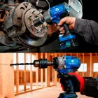 Chave de impacto e furadeira azul Several em uso no carro e madeira.