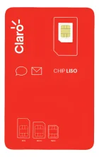 Cartão Claro chip vermelho com SIM card branco, contatos dourados e tamanhos Mini, Micro, Nano.