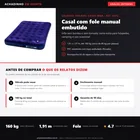 Infográfico da análise editorial Achadinho: colchão inflável casal Mor (ref. 9072) com fole manual, 1,91 x 1,37 m, até 160 kg (cerca de 80 kg por pessoa) e kit de reparo