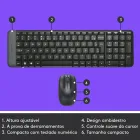 Combo Logitech MK220: teclado preto com detalhe cinza e mouse preto.