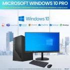 Computador Office: torre preta, monitor com tela azul Windows 10, teclado e mouse.