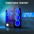 Gabinete Gamer preto com lateral de vidro e ventoinhas azuis iluminadas