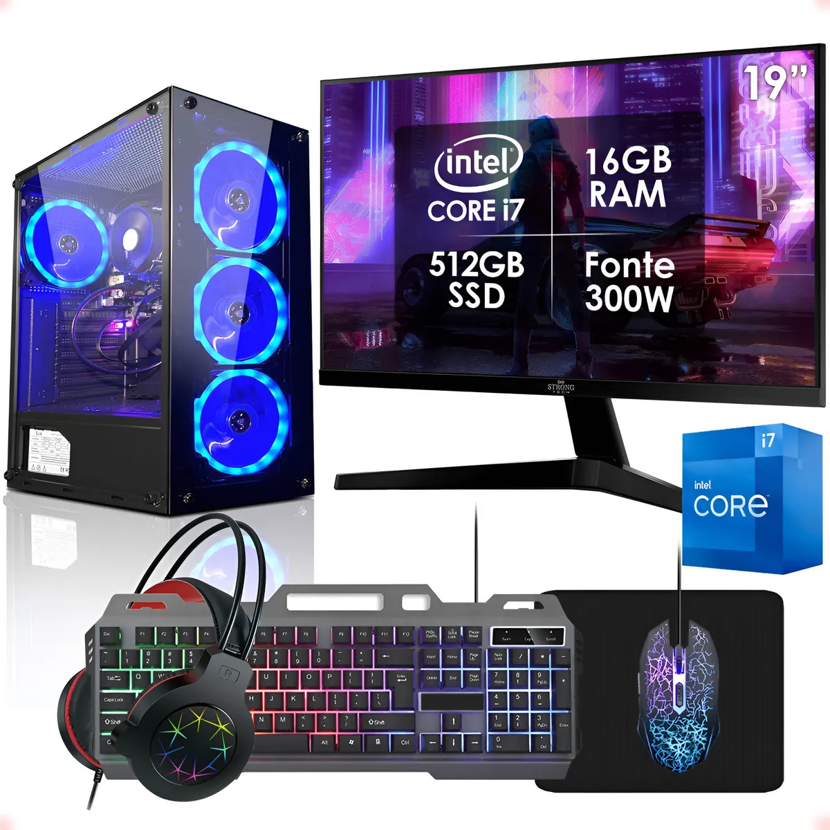 Computador Gamer: gabinete preto LED azul, monitor, teclado RGB, mouse, headset e caixa Intel.