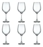 Seis taças de vidro transparentes para vinho/água, vazias.