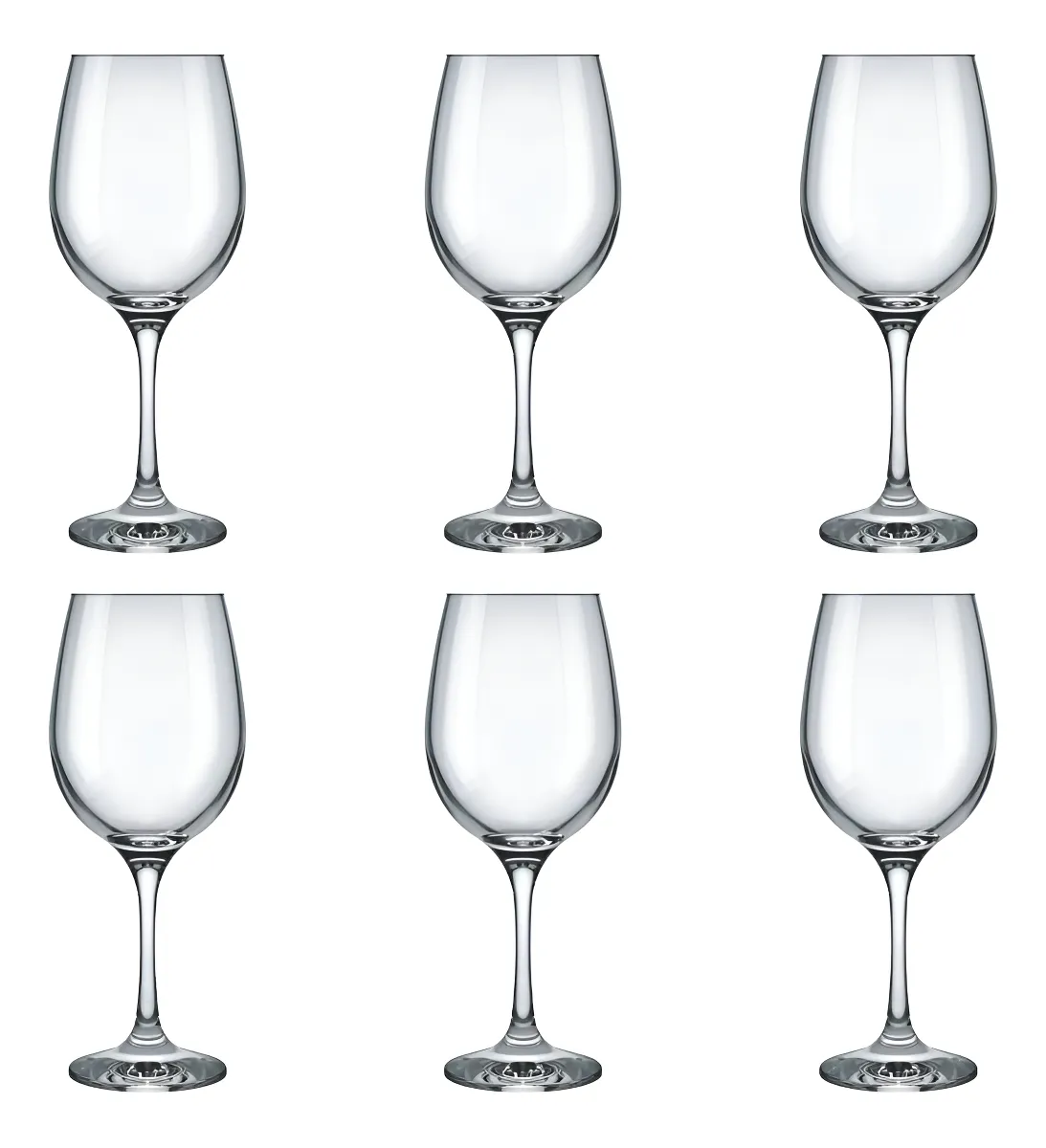 Seis taças de vidro transparentes para vinho/água, vazias.