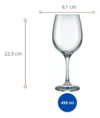 Taça de vinho de vidro transparente com dimensões e capacidade 490 ml