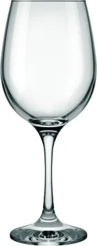 Taça de vidro transparente vazia com haste e base.