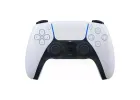 Controle DualSense branco e preto do Playstation 5 com luz azul