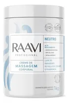 Pote branco de Creme para Massagem Corporal Neutro Raavi com rótulo e detalhes azuis.