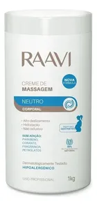 Pote branco de Creme para Massagem Neutro Raavi com rótulo azul e marrom, 1kg.