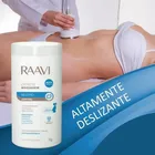 Pote branco de Creme para Massagem Raavi e massagem em abdômen feminino.