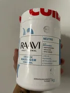 Pote branco de Creme para Massagem Corporal Neutro Raavi com texto azul e preto.