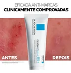 Tubo branco Cicaplast Baume B5+ entre pele irritada antes e pele reparada depois.