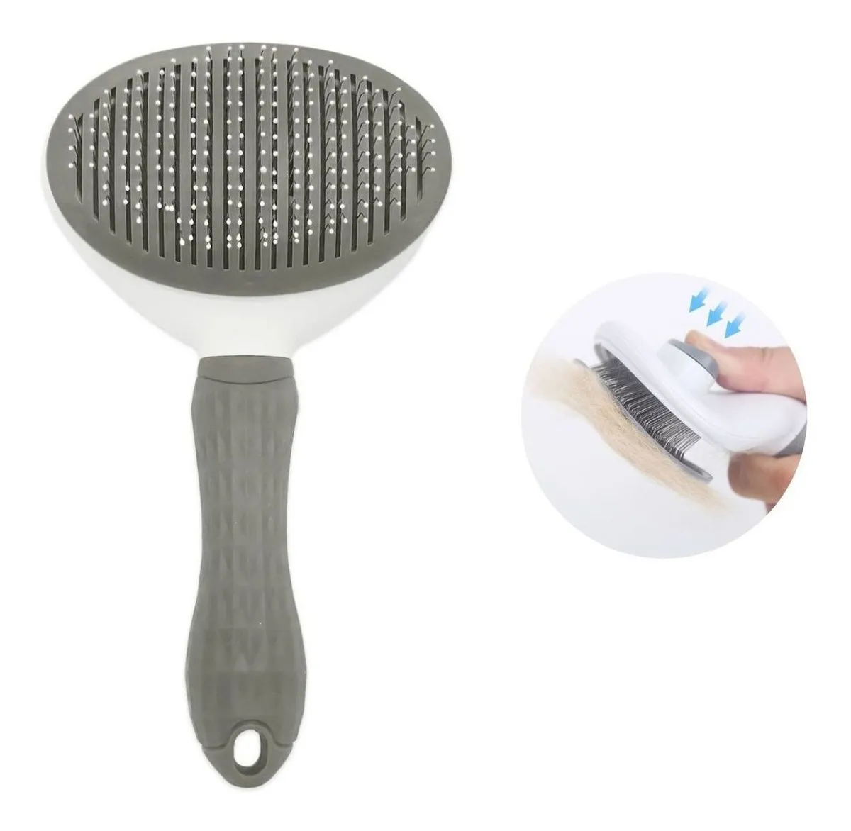 Escova Pelos Pet cinza e branca com cerdas e imagem de uso