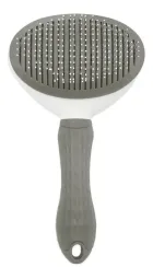 Rasqueadeira Pet cinza com cerdas brancas e cabo texturizado.