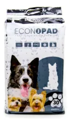 Embalagem Econopad Tapete Higiênico com cães preto, branco e marrom, e silhueta branca.