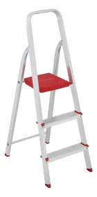 Escada de alumínio com 3 degraus, plataforma e pés vermelhos.