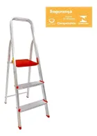 Escada de Alumínio com 3 degraus, plataforma vermelha e selo INMETRO.