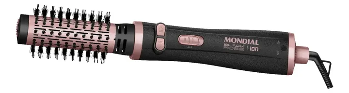 Escova Rotativa Mondial preta e rose gold com cerdas e botões.