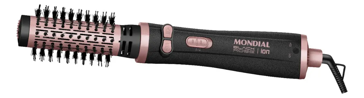 Escova Rotativa Mondial preta e rose gold com cerdas e botões.