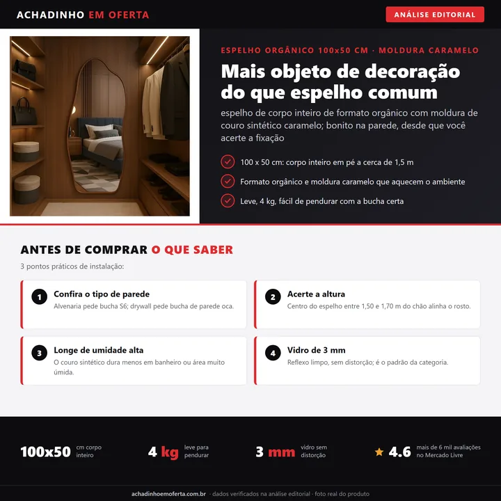 Infográfico editorial Achadinho: espelho organico de corpo inteiro 100 x 50 cm com moldura de couro sintetico caramelo, vidro de 3 mm e peso de 4 kg; leve para pendurar, so exige bucha adequada ao tipo de parede e distancia longe de ambiente muito umido