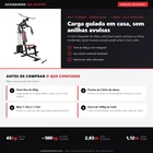 Infográfico editorial Achadinho: estação de musculação WCT Fitness com torre de anilhas de 45kg, estrutura em aço tubular preto e estofamento preto e vermelho, 2,03m de altura, para treino em casa.