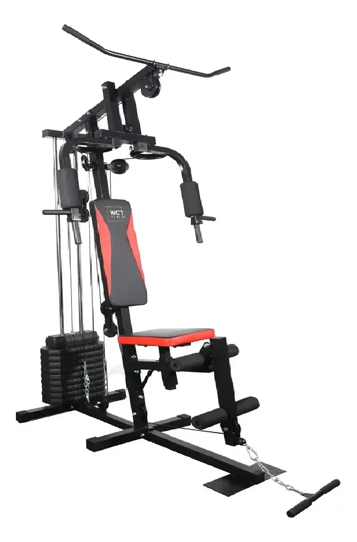 Estação de Musculação Wct Fitness preta com estofamento vermelho e preto.