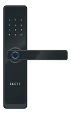 Fechadura Digital preta com teclado numérico, maçaneta e sensor de biometria azul