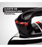 Ferro de Passar Black Decker preto com seletor de temperatura frontal vermelho e base de alumínio.