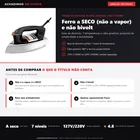 Infográfico da análise editorial Achadinho: ferro Black+Decker VFA1110TM2 a seco (não a vapor), base de alumínio, 7 temperaturas; 127V e 220V em versões separadas (não é bivolt)