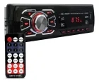 Rádio automotivo preto com display vermelho, botões iluminados e controle remoto.