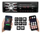 Rádio Automotivo First Option preto com botões prateados, smartphone e controle remoto.