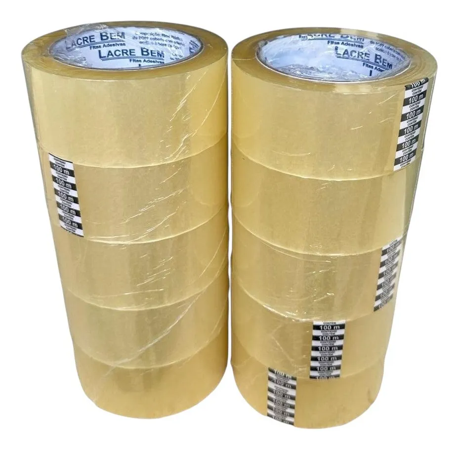 Dez rolos de Fita Lacre Bem Adesiva transparente empilhados
