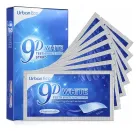 Caixa azul e sete sachês prateados das Fitas Clareadoras 9D White.