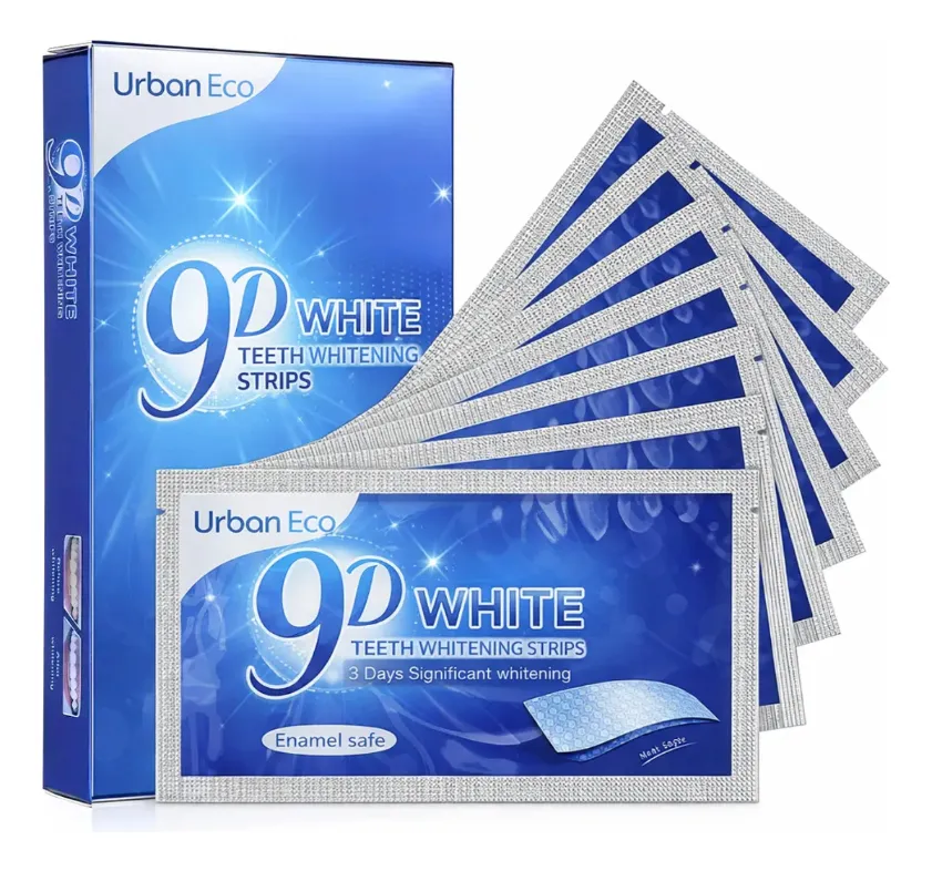 Caixa azul e sete sachês prateados das Fitas Clareadoras 9D White.