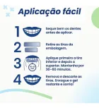 Fitas clareadoras: ilustração azul e branca com 4 passos de aplicação e ícones de dentes.