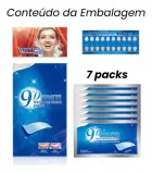 Fitas Clareadoras 9D White: caixa azul, 7 sachês, guia de tons e mulher sorrindo.