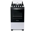 Fogão Brastemp 4 bocas branco com porta do forno preta e puxador prateado.