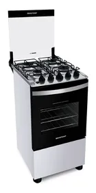 Fogão 4 Bocas Brastemp branco, porta preta, mesa inox e tampa de vidro.