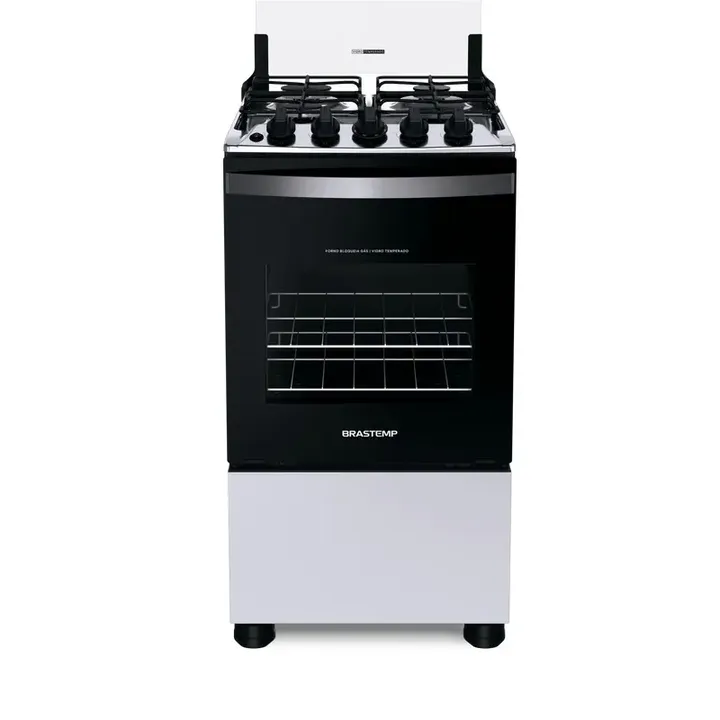 Fogão Brastemp 4 bocas branco com porta do forno preta e puxador prateado.